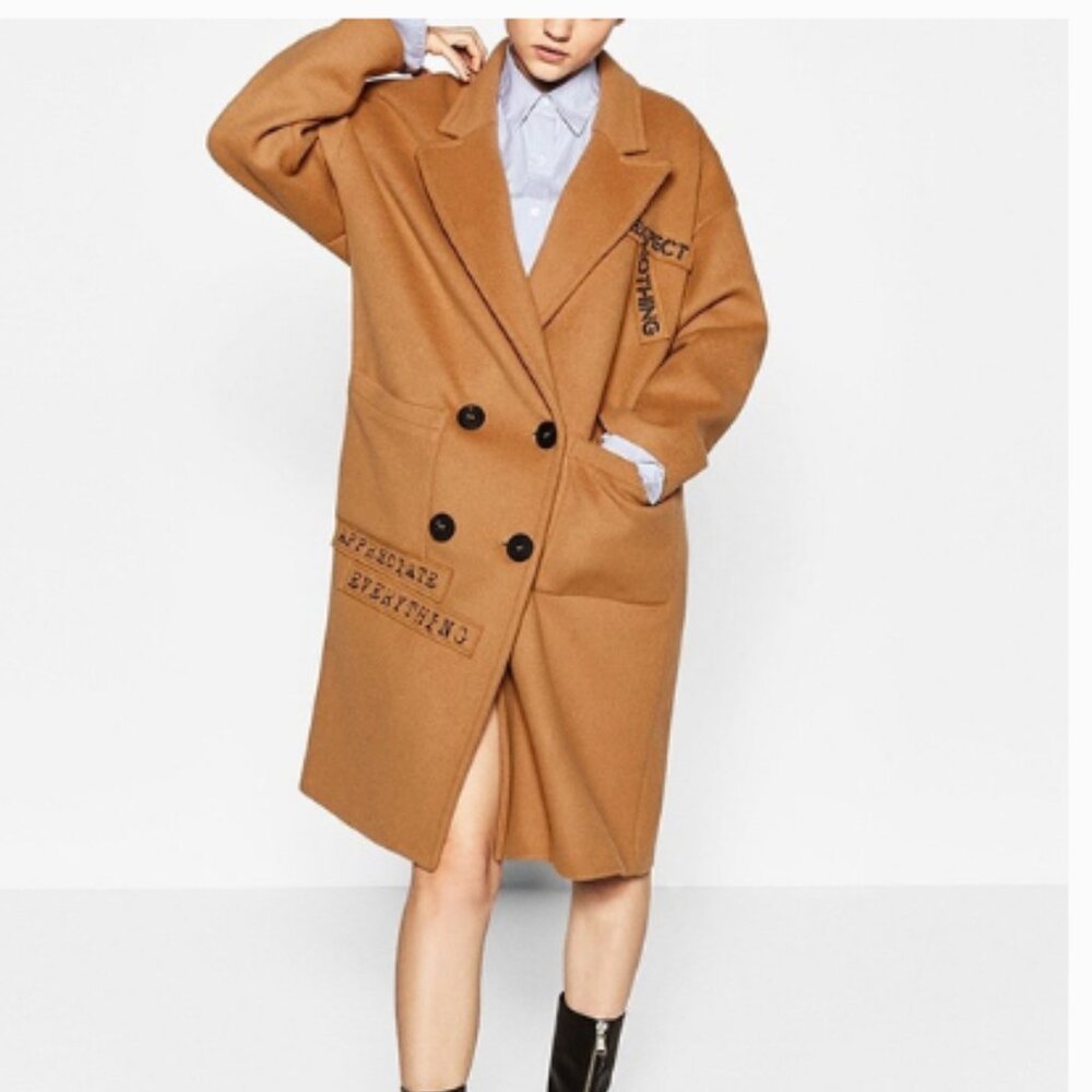 Zara Slogan Patches Oversized Slouchy Coat - Size small